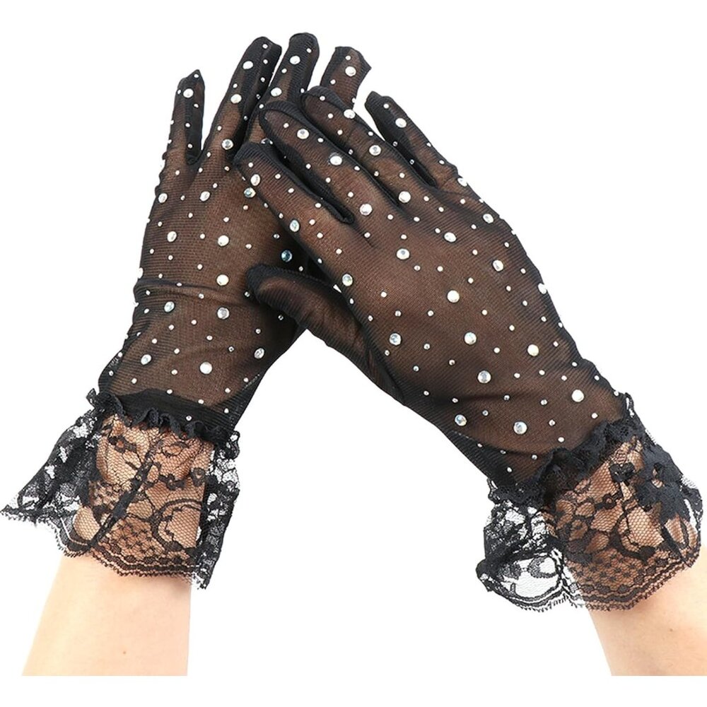Women's Black Short Mesh Lace Gloves Halloween Wedding Party Accessories